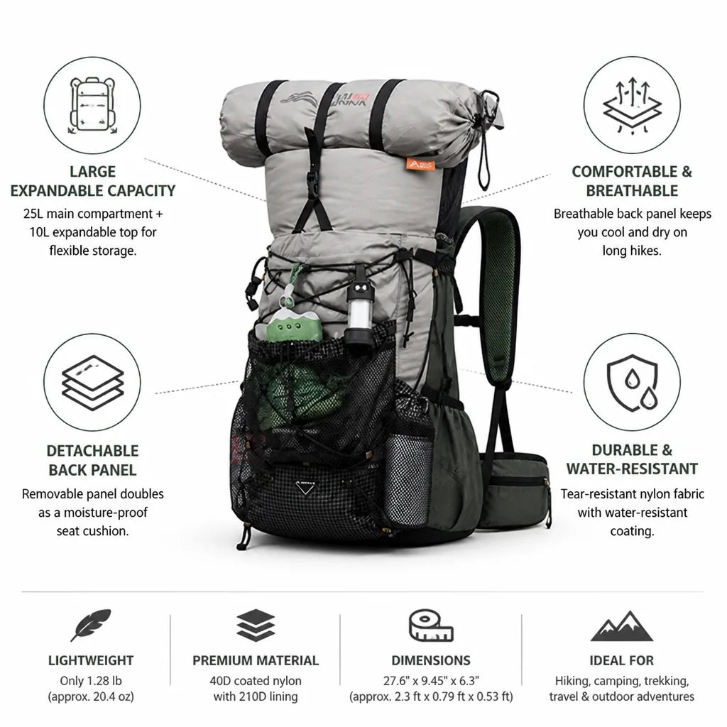 Camping Backpack Expandable 35L Lightweight Breathable