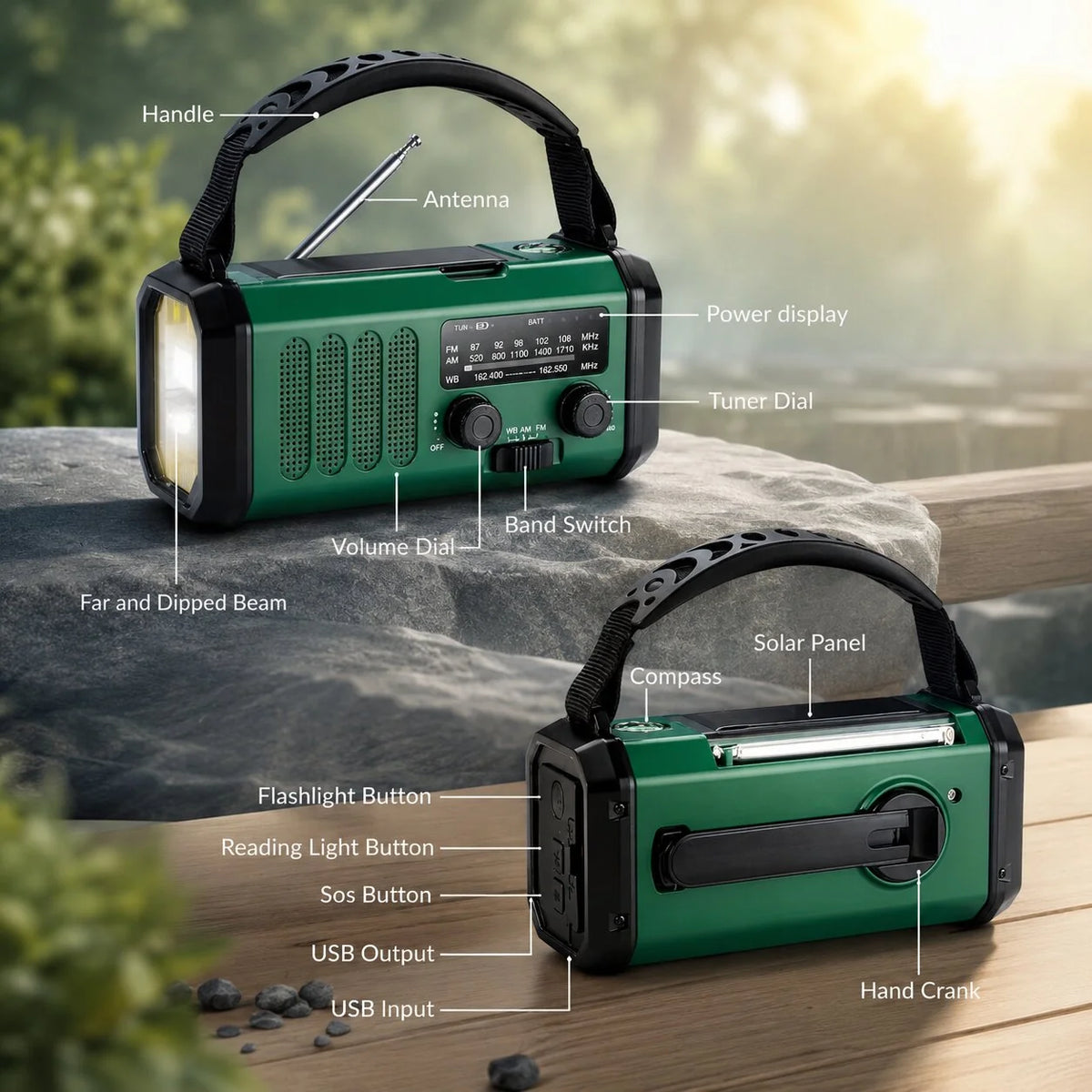 Emergency Radio Solar & Hand Crank 10000mAh Weather Alert