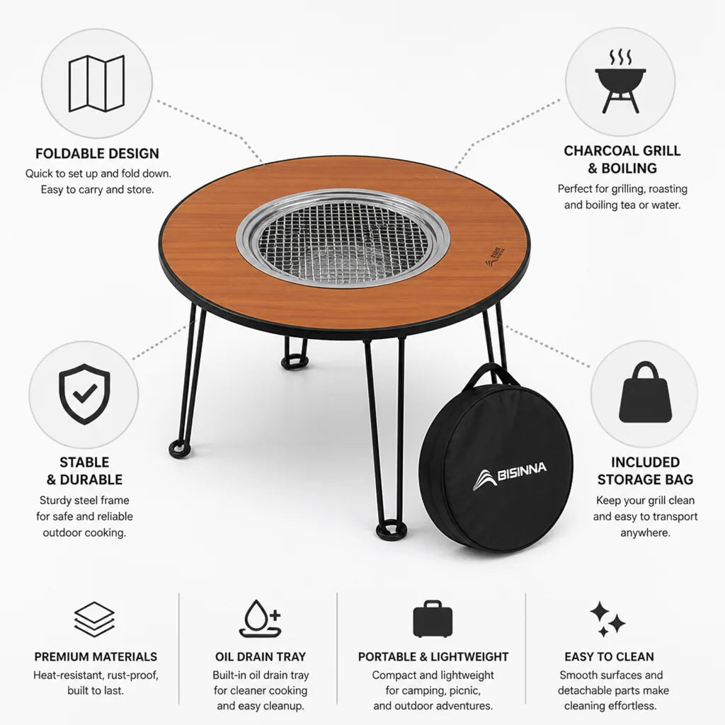 Folding Charcoal Grill Round Tabletop With Storage Bag