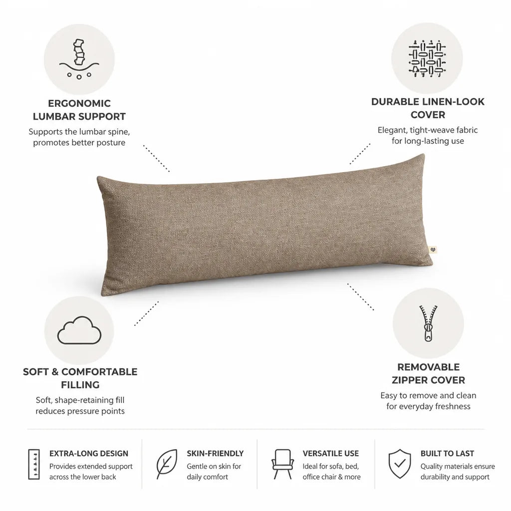 Lumbar Support Pillow Ergonomic Extra-Long Removable Linen-Look Cover