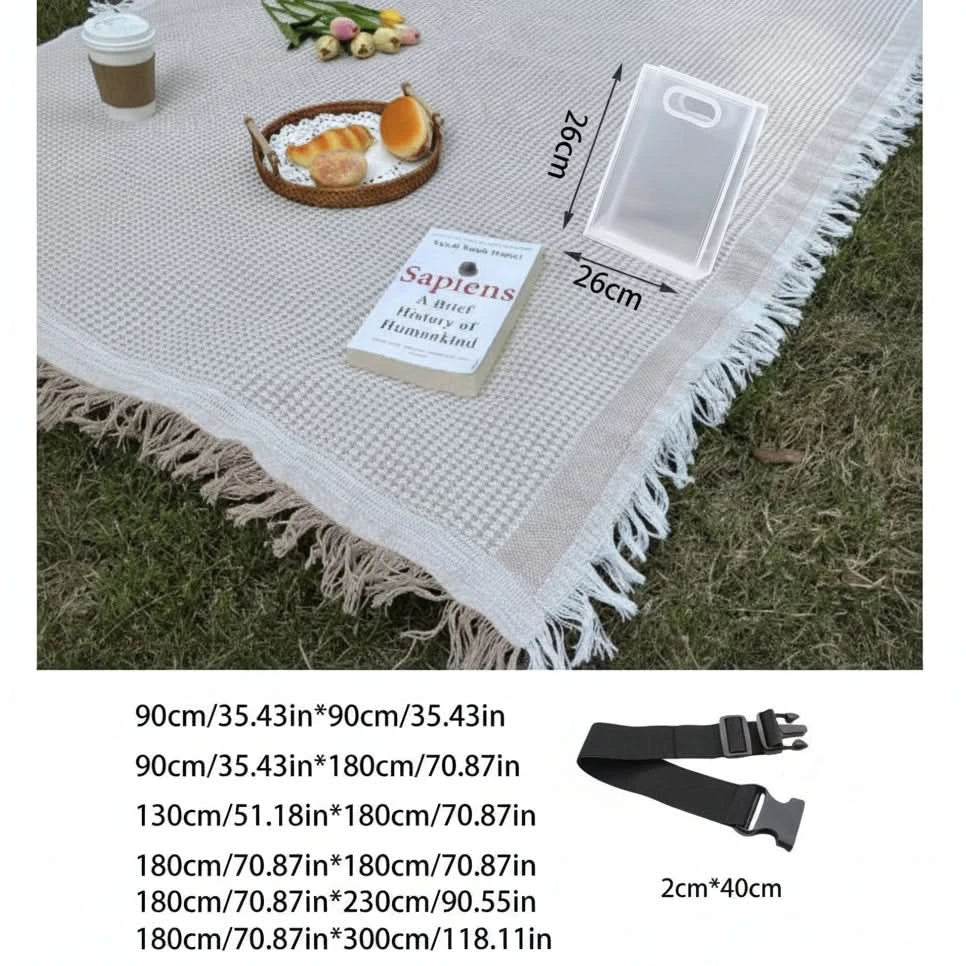 Picnic Mat Foldable Woven Plaid Tassel Trim