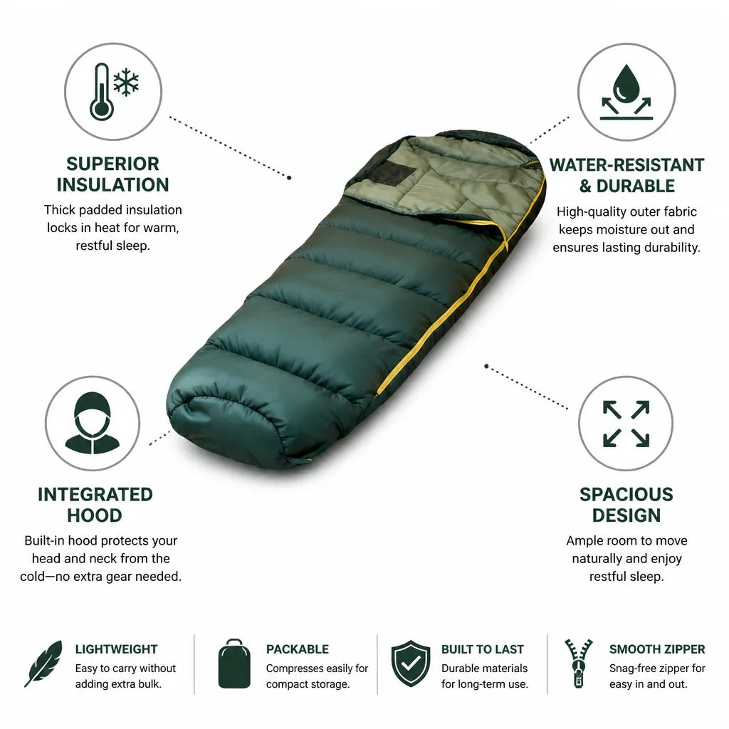 Sleeping Bag Insulated & Water-Resistant Integrated Hood