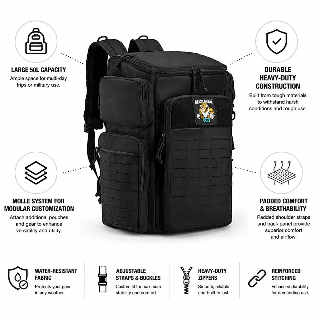 Tactical Backpack 50L Heavy-Duty MOLLE Padded Straps