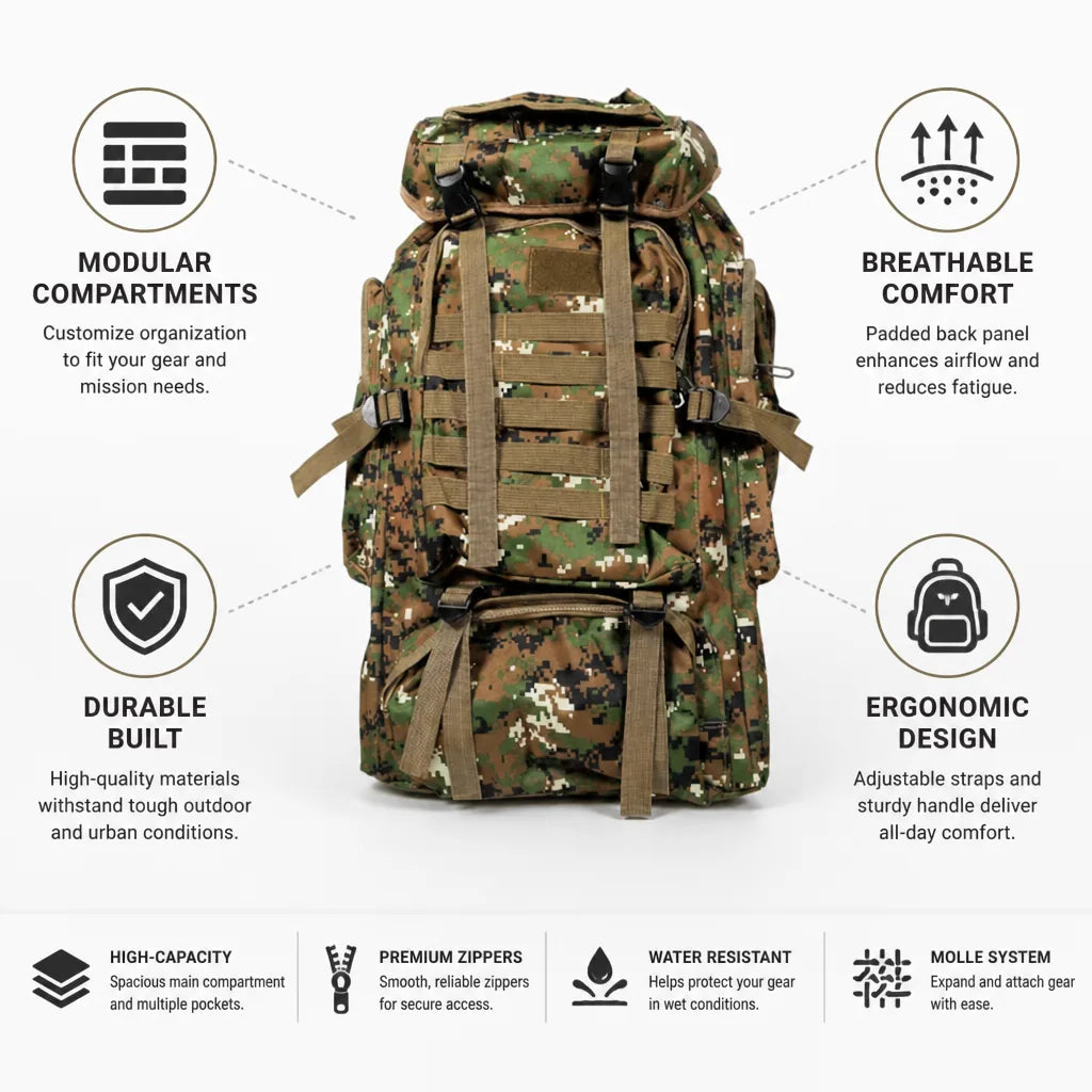 Tactical Backpack Modular Compartments Breathable Padded Back