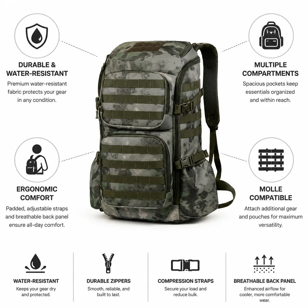 Tactical Backpack Water-Resistant Multiple Pockets Padded Straps