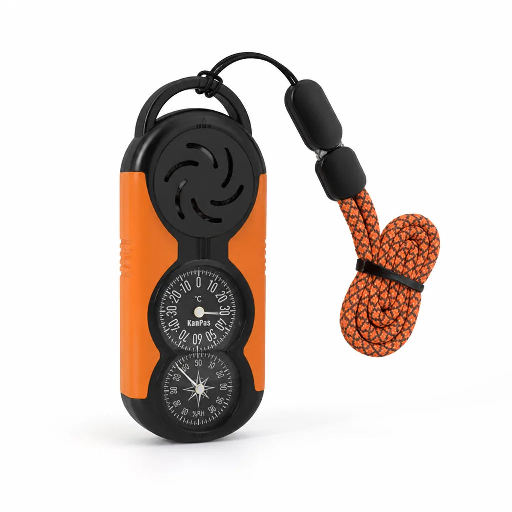 Thermometer & Hygrometer With Compass Polished Metal Reflective Lanyard