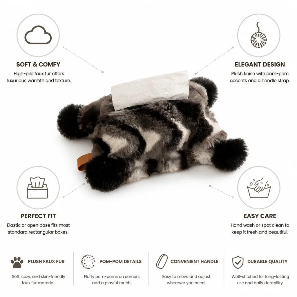 Tissue Box Cover Faux Fur Pom-Pom Handle