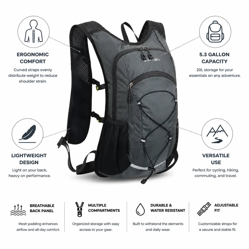 Backpack Ergonomic Curved Straps Lightweight 20L
