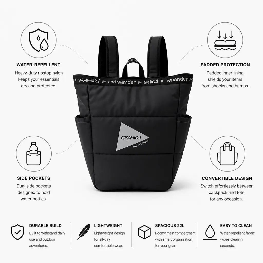 Backpack Quilted Convertible Padded & Water-Repellent 22L