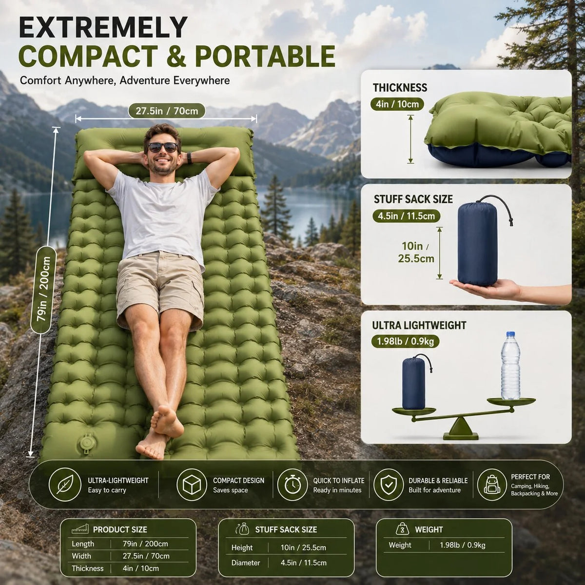 Camping Air Mattress Built-In Pump & Integrated Pillow