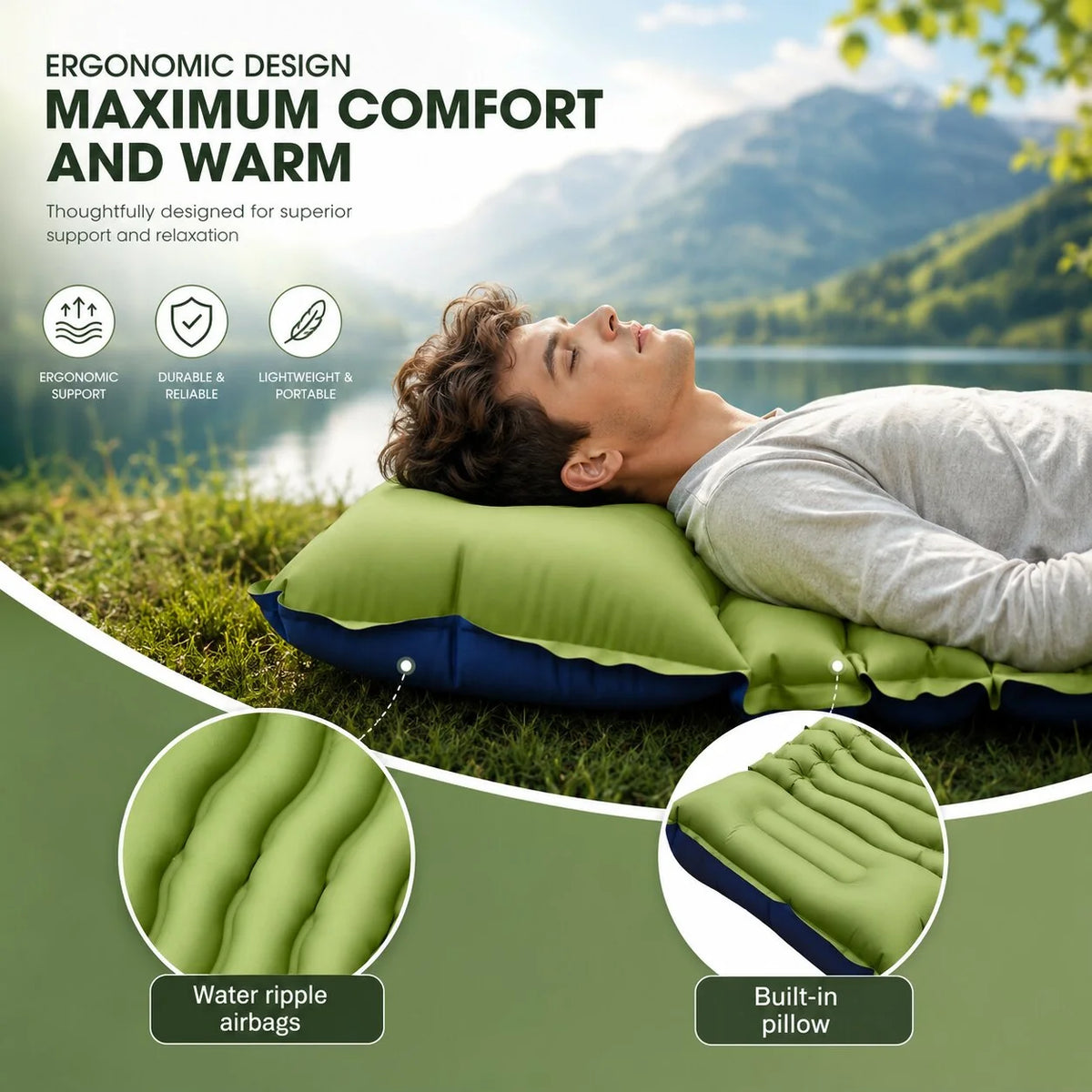 Camping Air Mattress Built-In Pump & Integrated Pillow