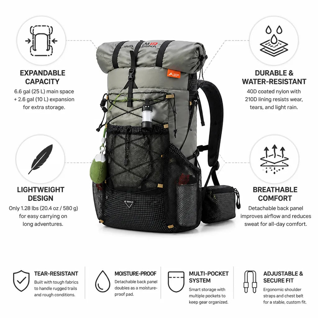 Camping Backpack Expandable 25L+10L Ultralight Tear-Resistant Nylon