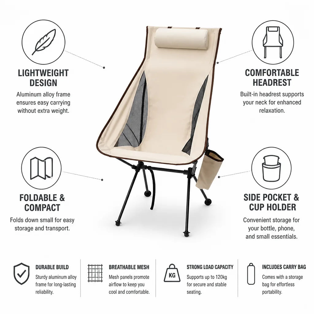 Camping Chair Lightweight Aluminum Foldable Headrest