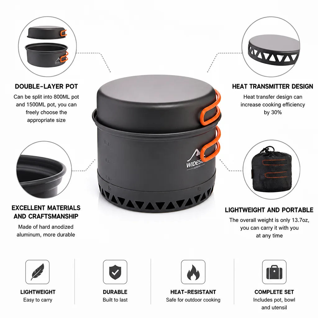 Camping Cookware Set 2.3L Nesting Lightweight & Heat-Resistant