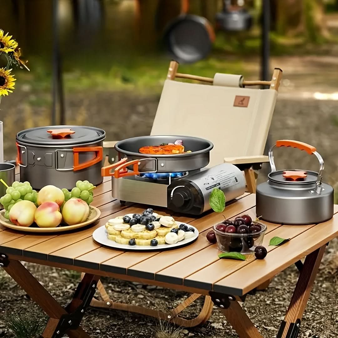 Camping Cookware Set Compact Nesting Aluminum & Heat-Resistant Handles