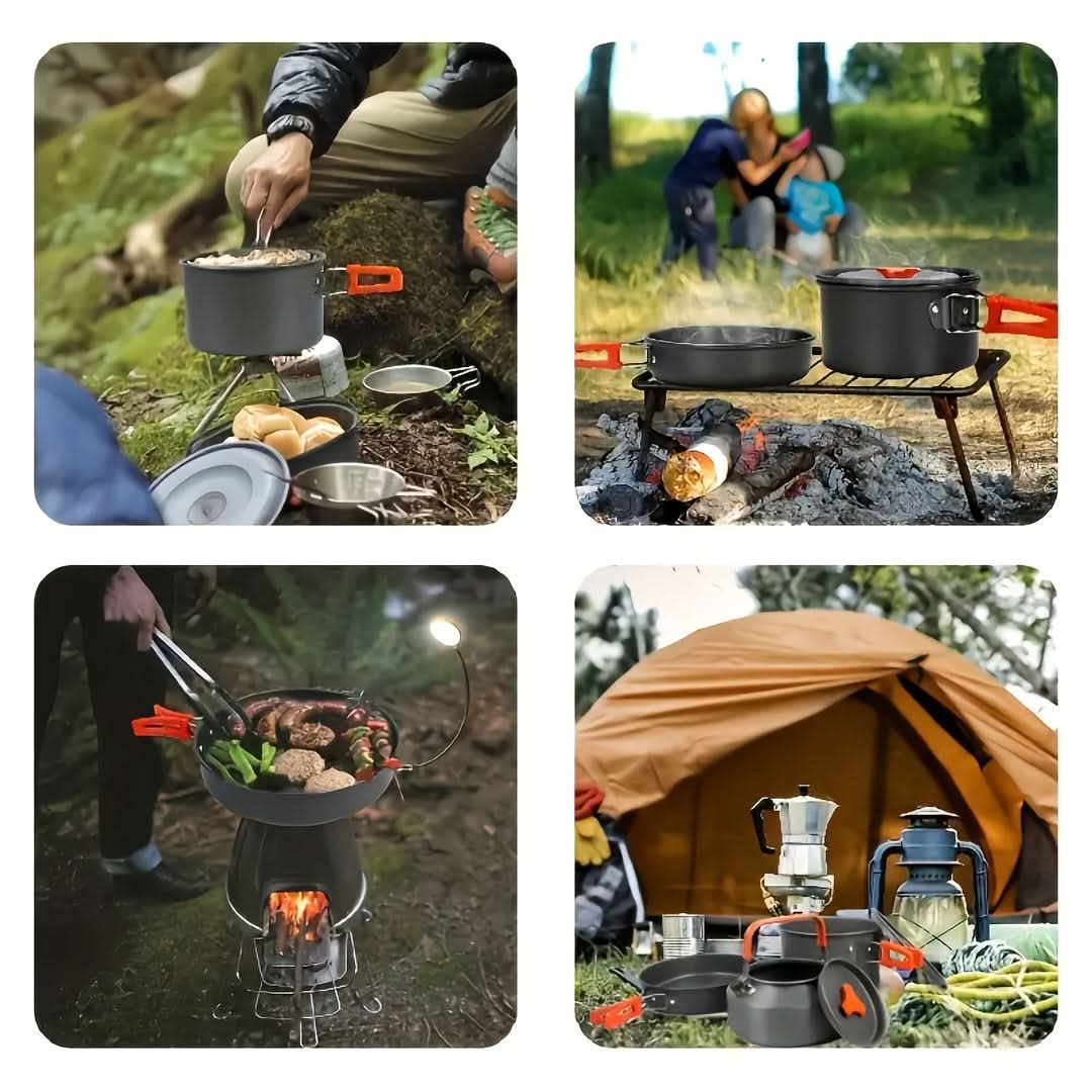 Camping Cookware Set Compact Nesting Aluminum & Heat-Resistant Handles