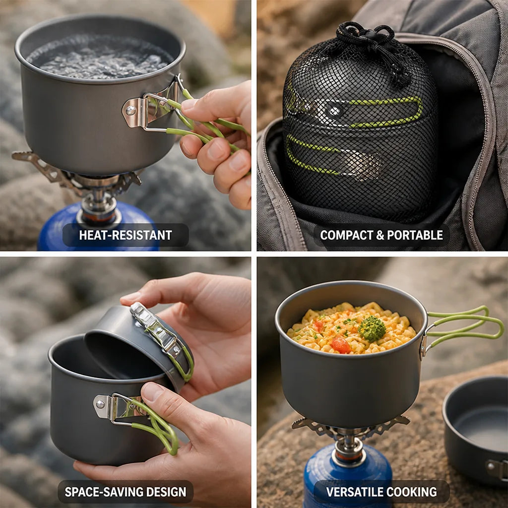 Camping Cookware Set Foldable Aluminum Pot & Carry Bag