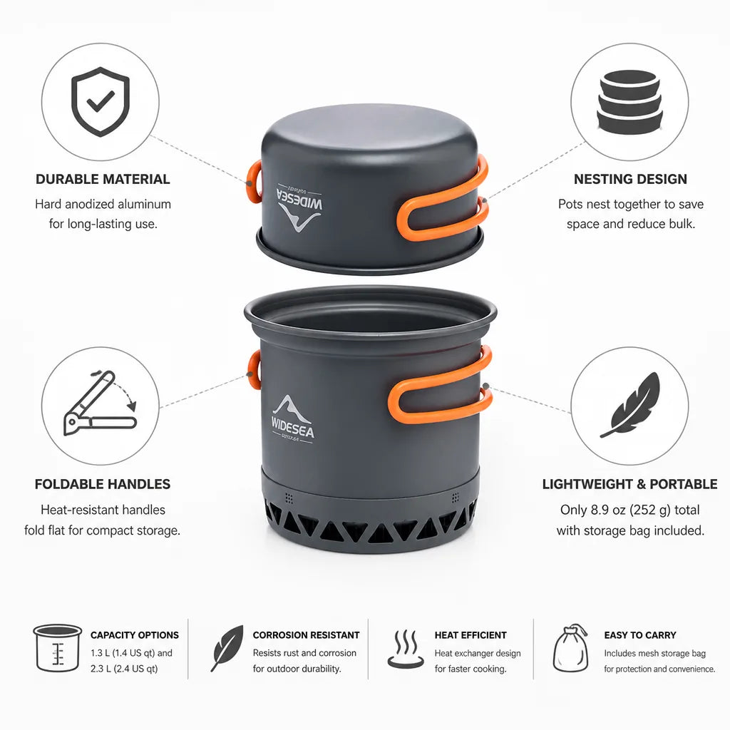 Camping Cookware Set Hard Anodized Aluminum Nesting Foldable Handles