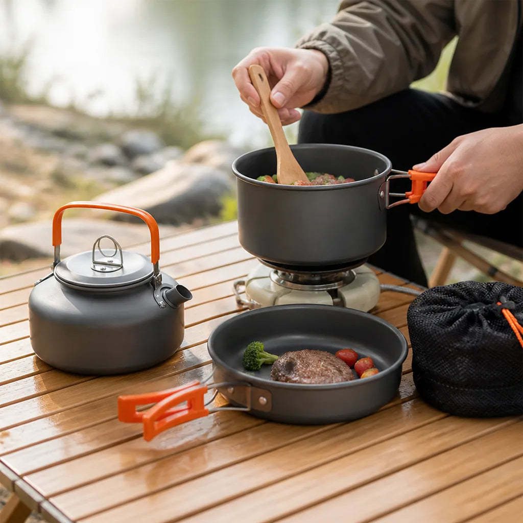 Camping Cookware Set Lightweight Aluminum Nesting Three-Piece