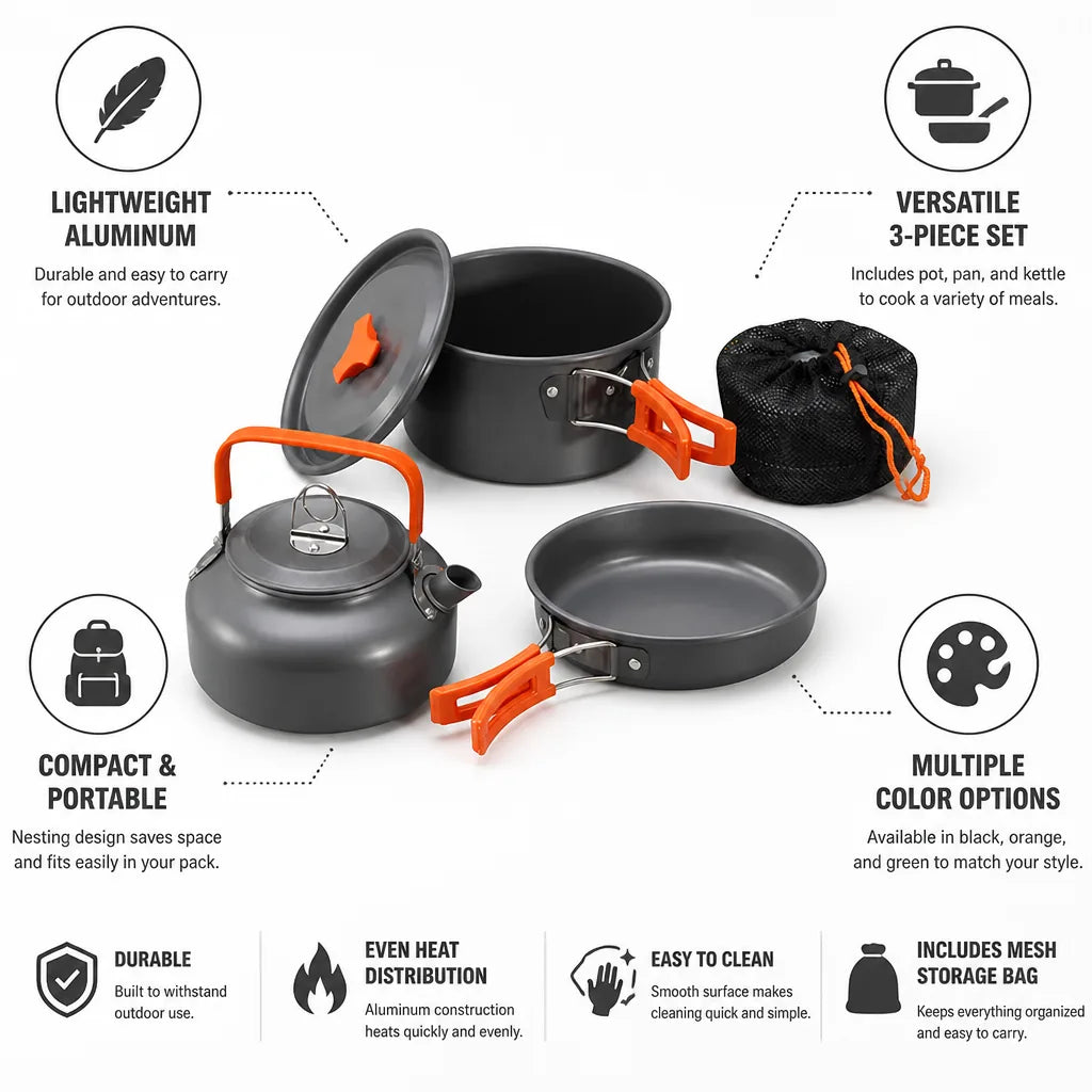 Camping Cookware Set Lightweight Aluminum Nesting Three-Piece