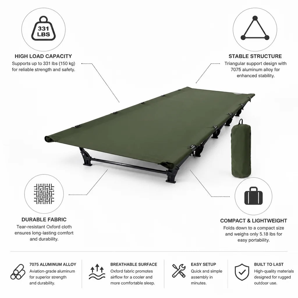 Camping Cot Foldable Aviation-Grade Aluminum 331 Lb Capacity