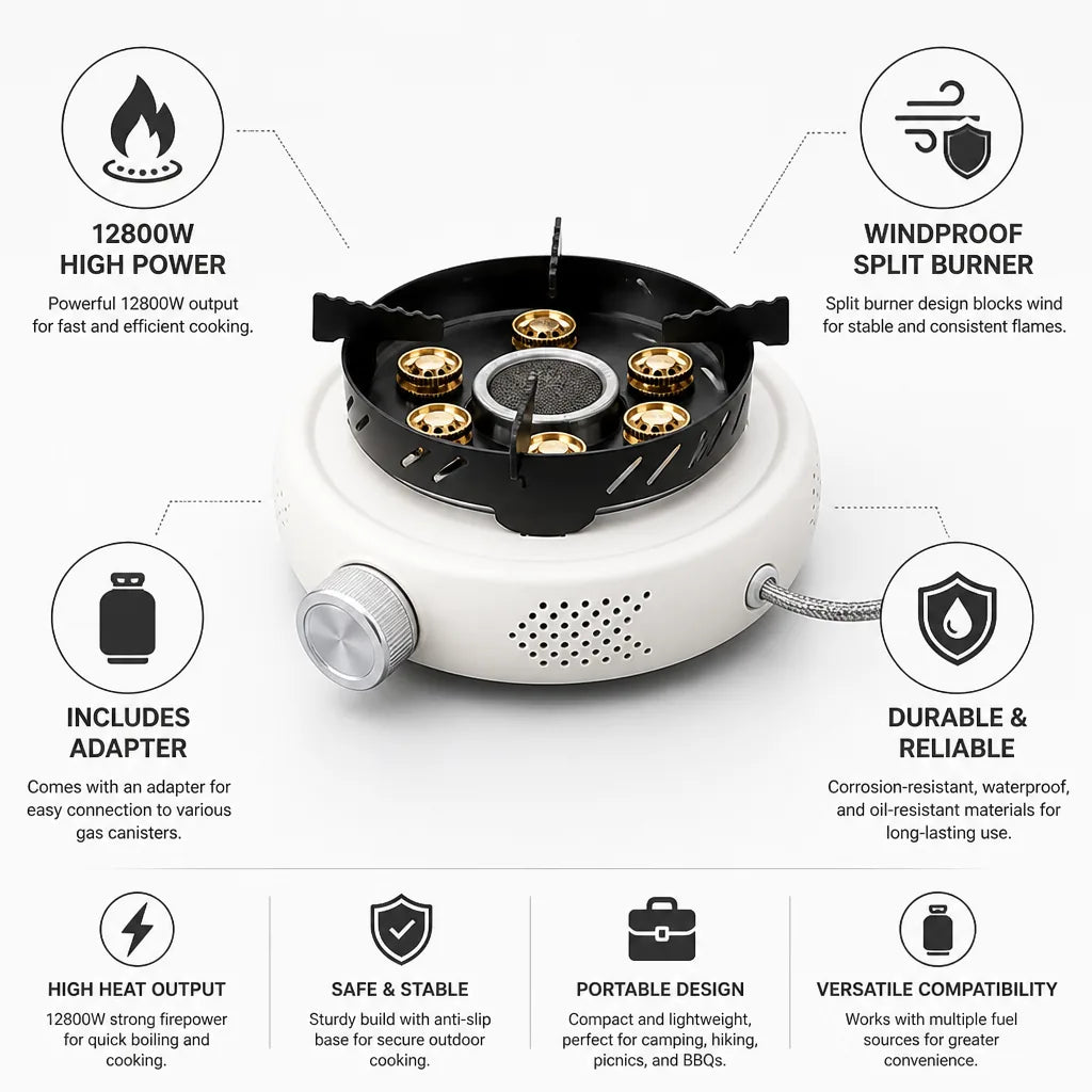 Camping Gas Stove 12800W Windproof Split Burner Includes Adapter