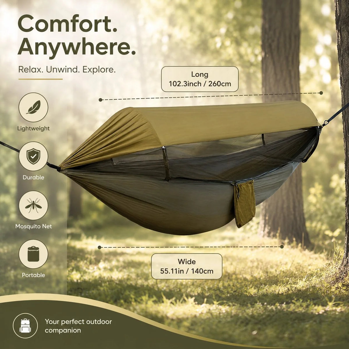 Camping Hammock Integrated Mosquito Net & Sun Canopy