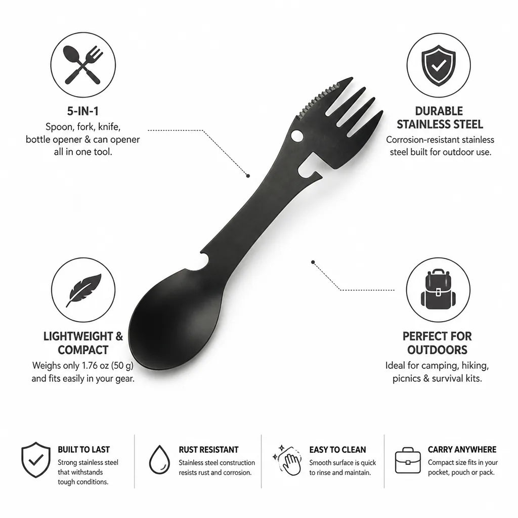 Camping Multi-Tool 5-In-1 Compact Stainless Steel