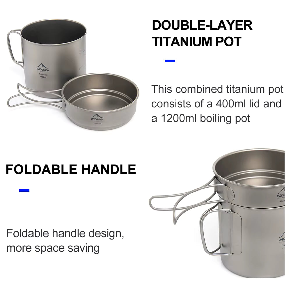 Camping Pot Ultralight Titanium Foldable Handles 1100ml