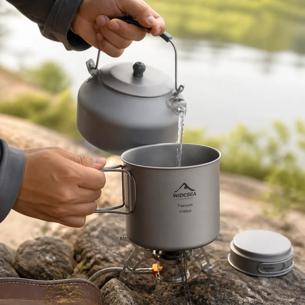 Camping Pot Ultralight Titanium Foldable Handles & Nesting Lid