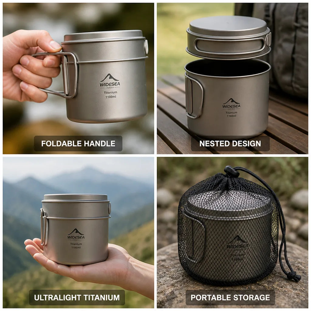 Camping Pot Ultralight Titanium Foldable Handles & Nesting Lid