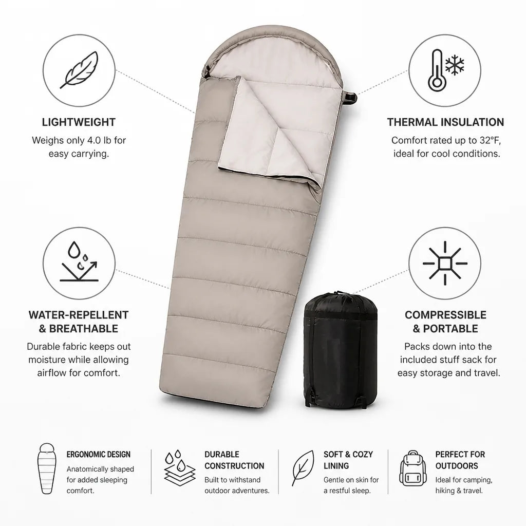 Camping Sleeping Bag Water-Repellent Lightweight & Compressible