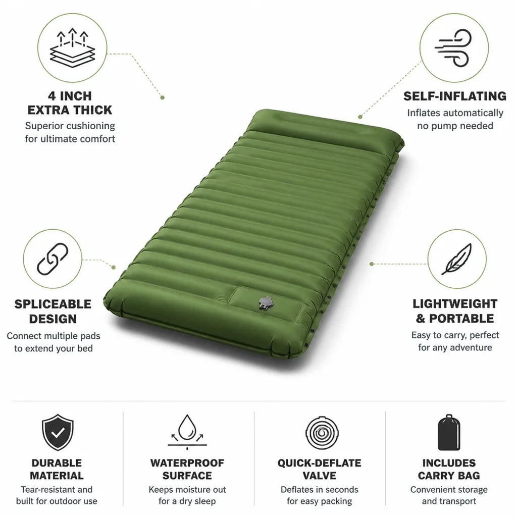 Camping Sleeping Pad 4 Inch Self-Inflating Spliceable