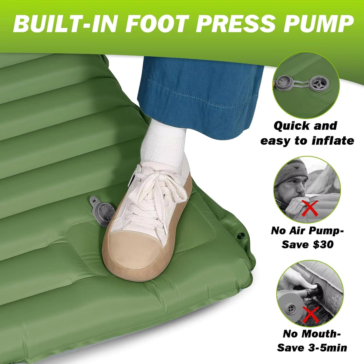 Camping Sleeping Pad 4 Inch Self-Inflating TPU Nylon