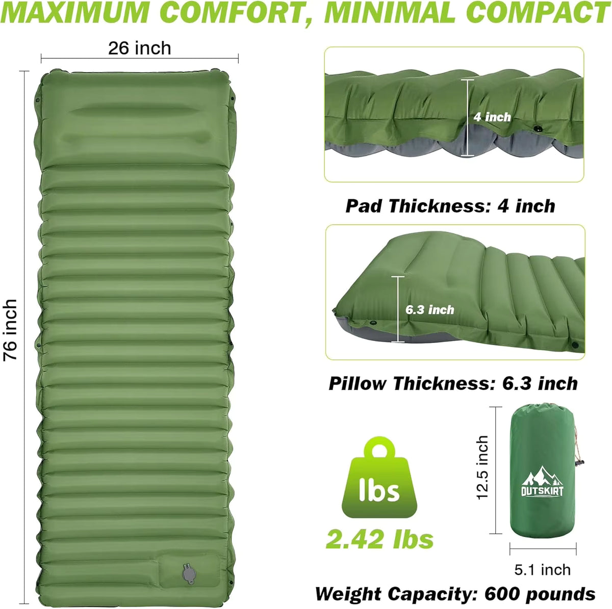 Camping Sleeping Pad 4 Inch Self-Inflating TPU Nylon