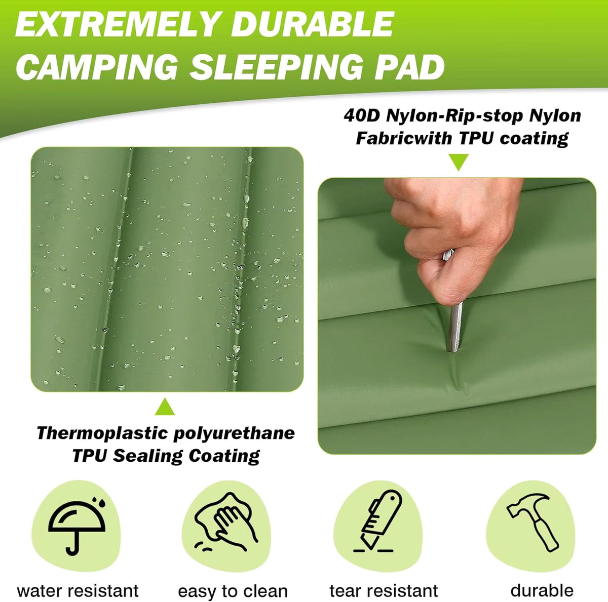 Camping Sleeping Pad 4 Inch Self-Inflating TPU Nylon