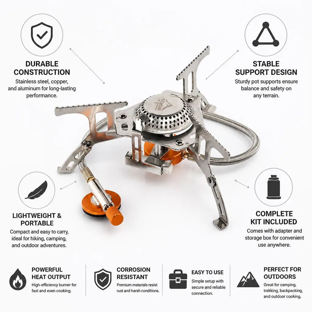 Camping Stove Portable Stainless Steel & Aluminum With Adapter