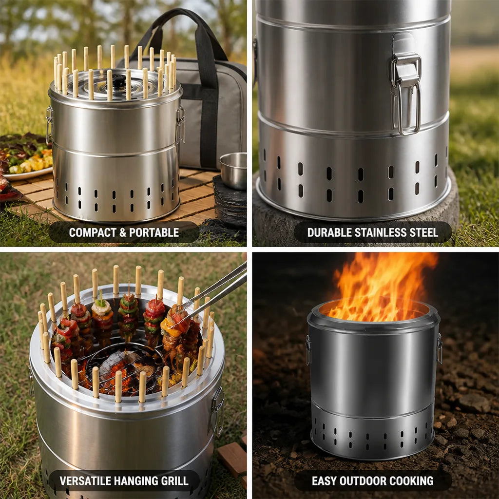 Charcoal Barrel Grill Portable Stainless Steel Hanging