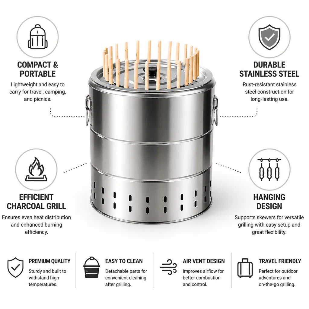 Charcoal Barrel Grill Portable Stainless Steel Hanging