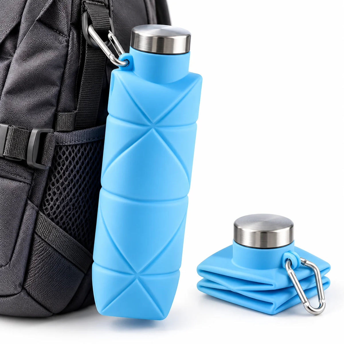 Collapsible Silicone Bottle Leakproof Stainless Steel Cap & Carabiner
