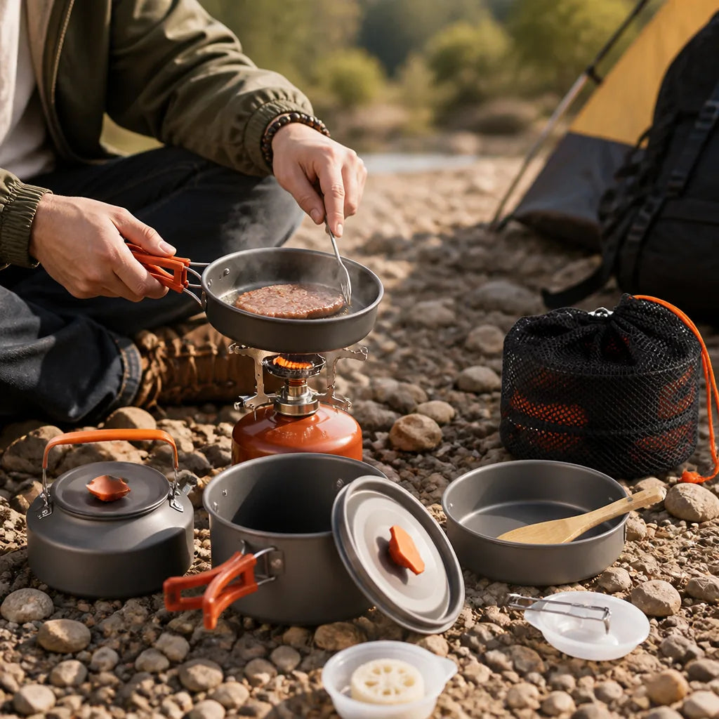 Compact Nesting Camping Cookware Set with Steamer, Pot, Frypan