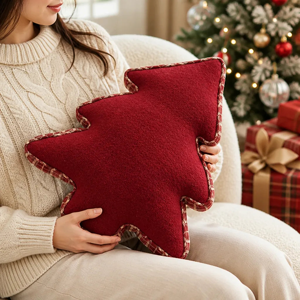 Decorative Pillow Christmas Tree Velvet & Checkered Piping