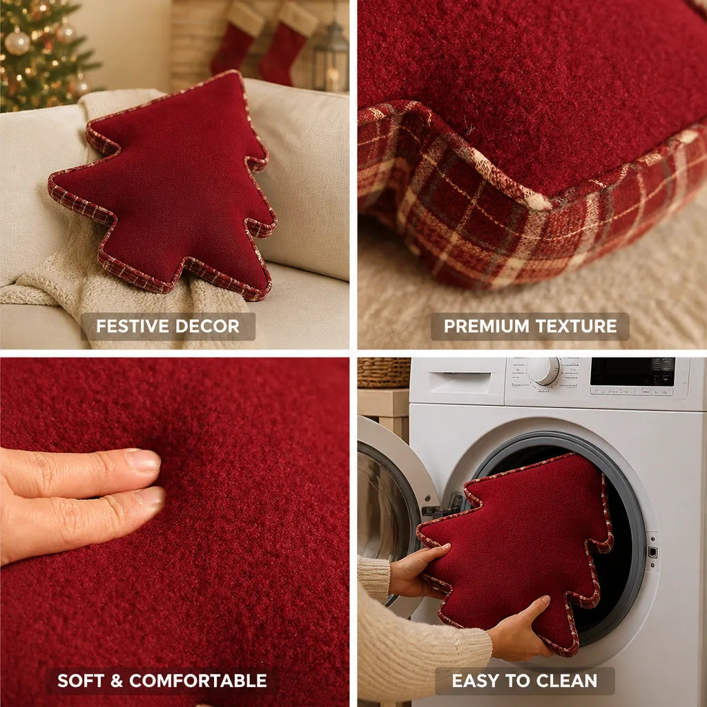 Decorative Pillow Christmas Tree Velvet & Checkered Piping