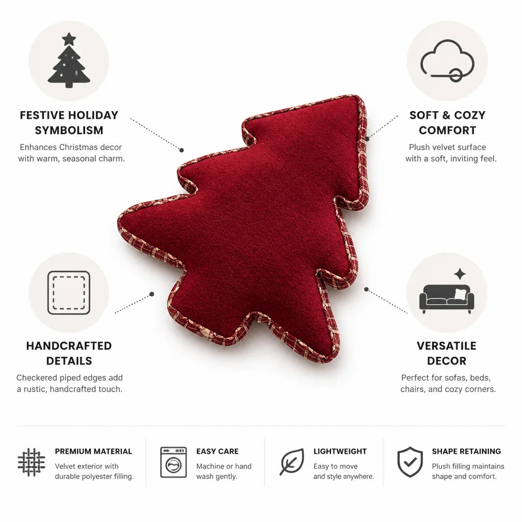 Decorative Pillow Christmas Tree Velvet & Checkered Piping