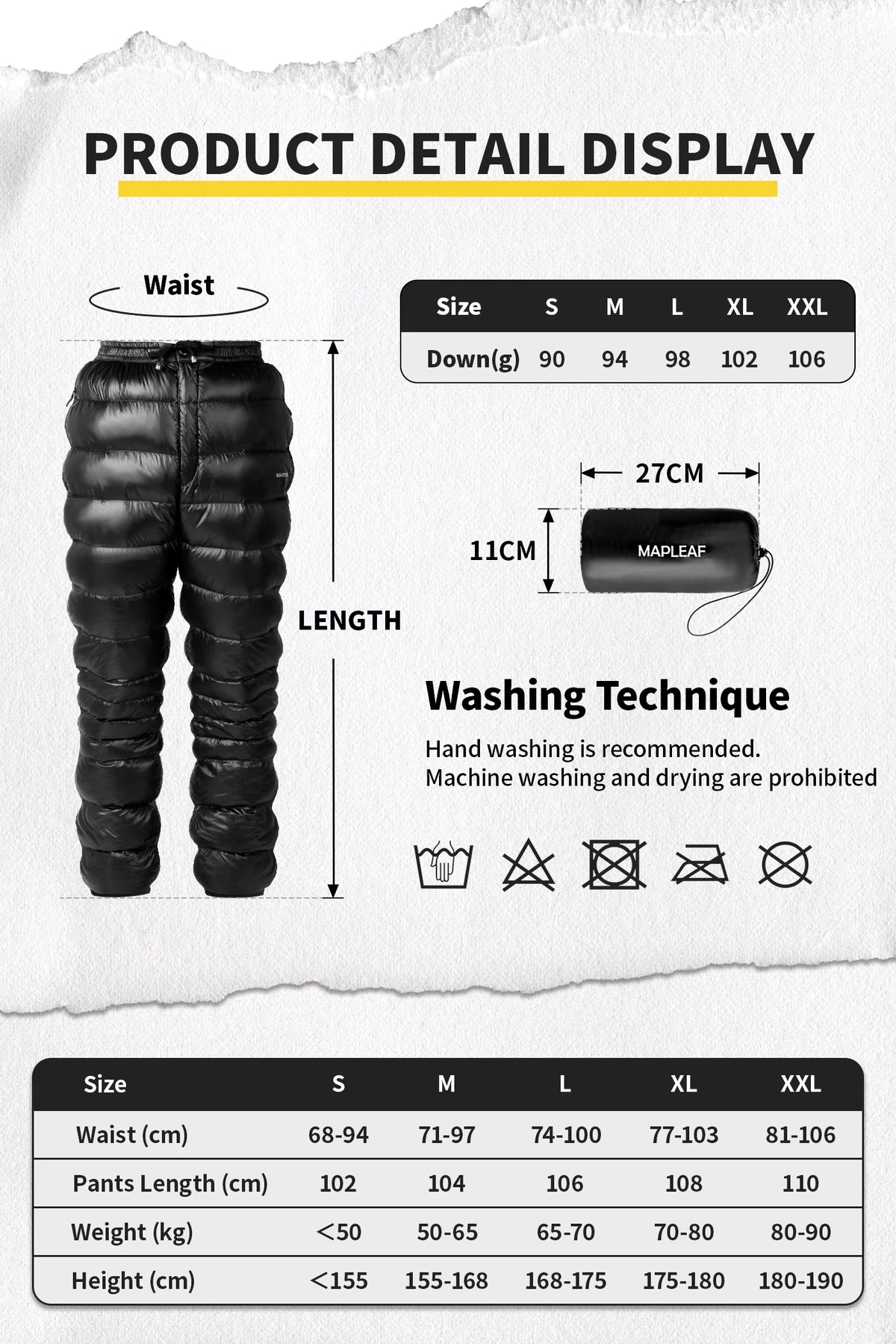 Down Pants Ultralight 800 Fill Power Windproof Packable