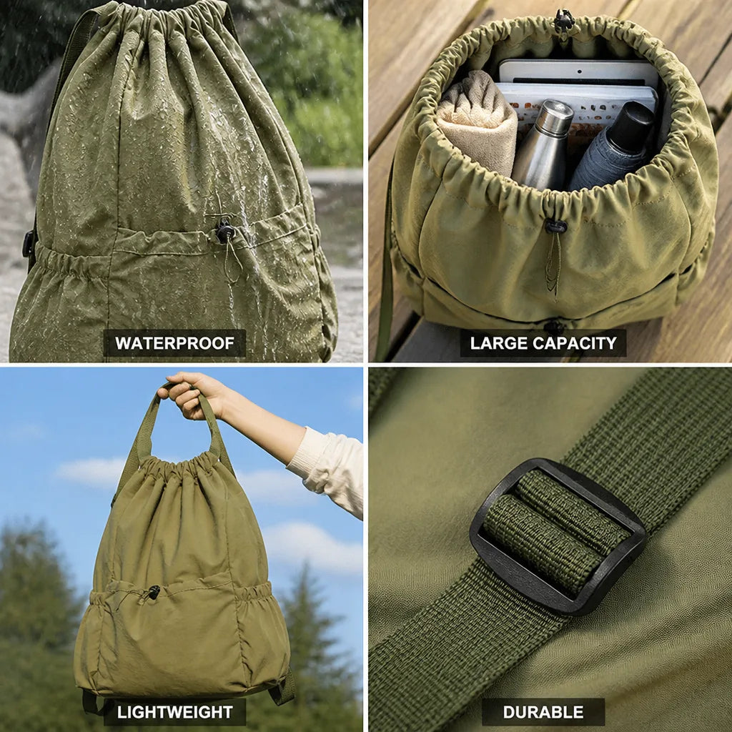 Drawstring Backpack Waterproof Polyester Lightweight Large Capacity
