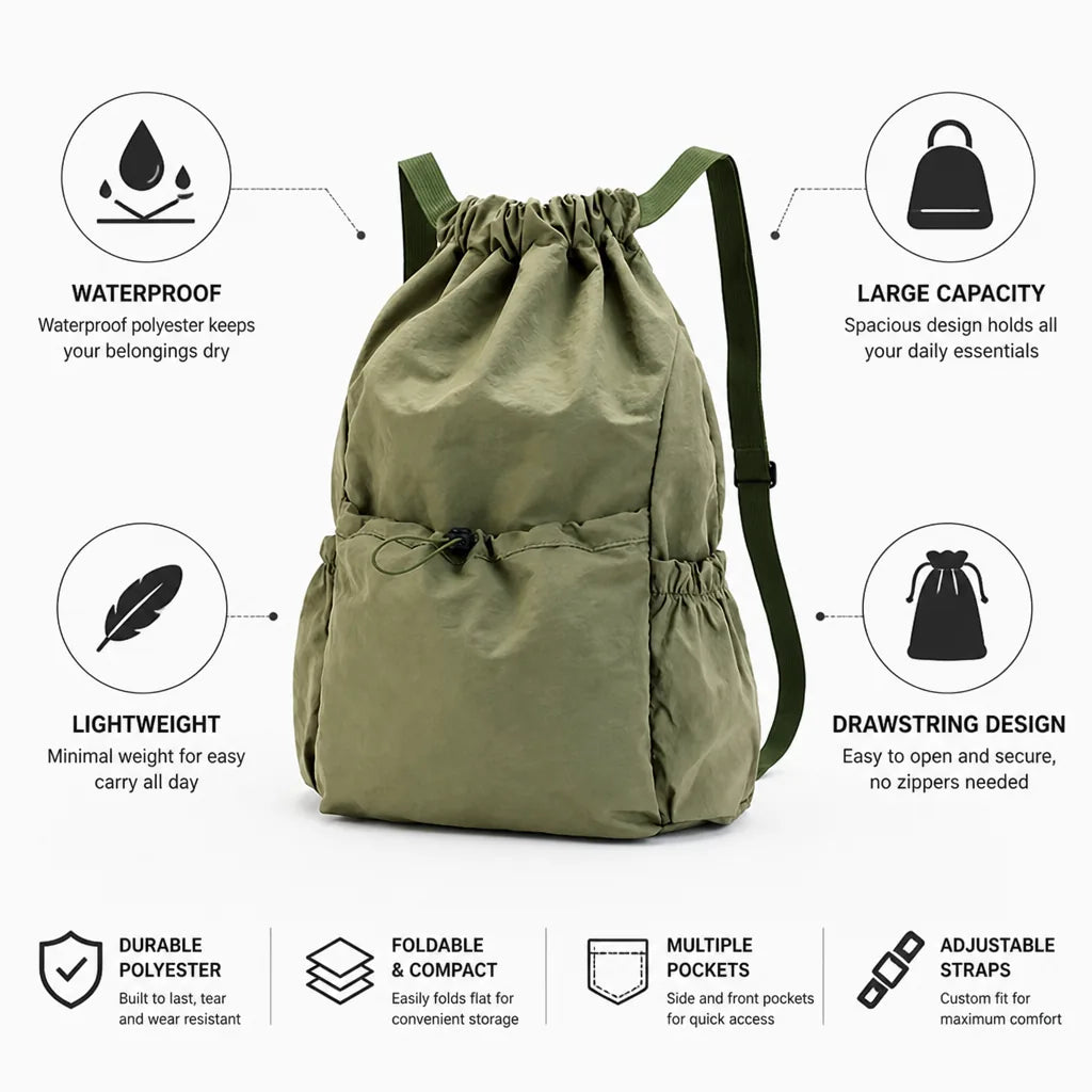 Drawstring Backpack Waterproof Polyester Lightweight Large Capacity