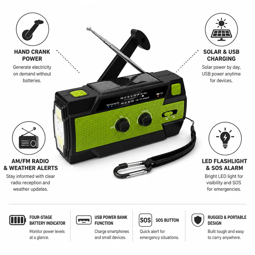 Emergency Radio Hand Crank & Solar USB Power Bank