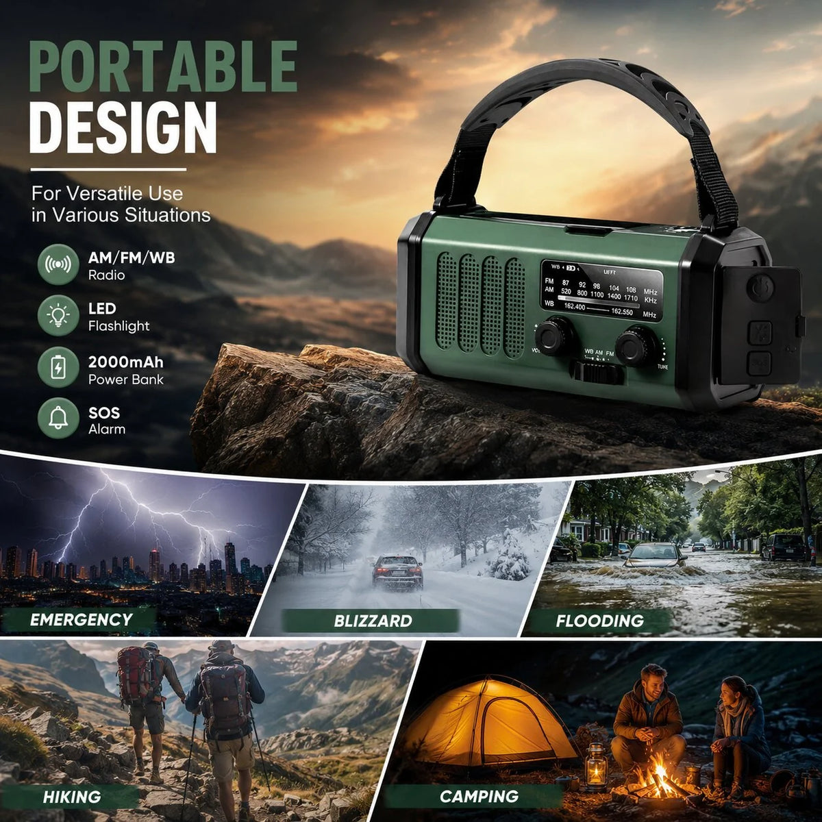 Emergency Radio Solar & Hand Crank 10000mAh Weather Alert
