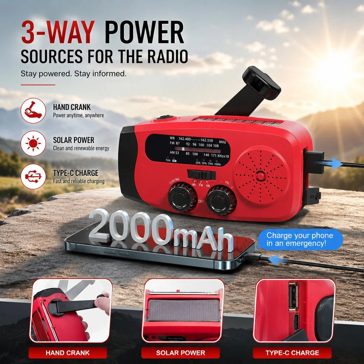 Emergency Radio Solar & Hand-Crank SOS Light